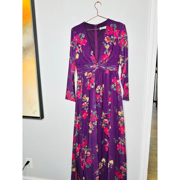 MAC DUGGAL Purple Floral Georgette Plunging Neckline High Slit Gown Size 8 - Picture 5 of 16